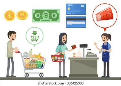 People are shopping in supermarkets - Vector Illustration, Graphic element Design