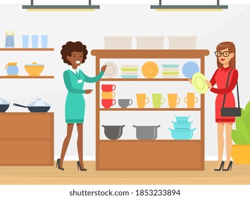 People Shopping in Tableware Store, Shop Assistant Helping Woman to Choose Kithchen Dishes Vector Illustration