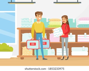 People Shopping for Textile for Bedroom, Couple Choosing and Buying Pillows and Linen Vector Illustration