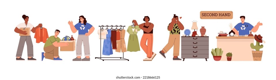 People shopping used goods and clothes in second hand store, flat vector illustration isolated on white background. Shoppers in marketplace or bazaar of used goods.