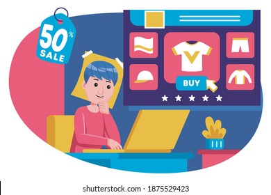 People shopping vector illustration. Young man and young woman with flat design style.