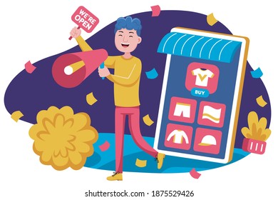 People shopping vector illustration. Young man and young woman with flat design style.