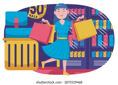 People shopping vector illustration. Young man and young woman with flat design style.
