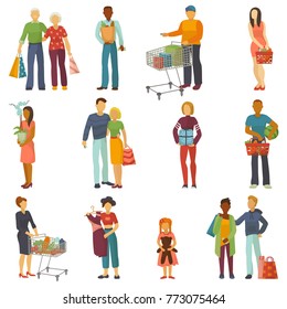 People shopping vector shopper buy with bag or shoppingcart in shop and custom character or buyer carrying shoppingbag buying in sale in store isolated on white background illustration