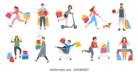 People shopping vector, woman walking with pet holding packages from shops, isolated set. Singing man, male sitting in cart smiling, lady shopaholic