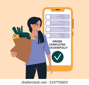 Gente y compras. Mujer con una bolsa de compras. Teléfono móvil. Comprando comestibles en línea, entrega por correo. Imagen vectorial.