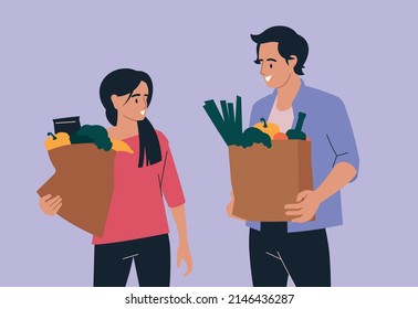 Gente y compras. Mujer y hombre con un paquete de comestibles. Imagen vectorial.