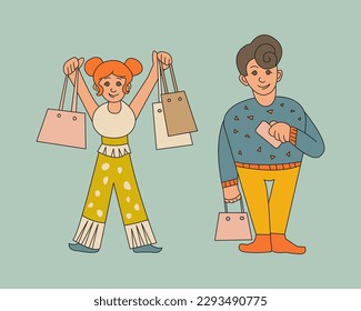 People are shopping. Young man and woman cheerful characters with shopping bags. Vector color illustration cartoon style.