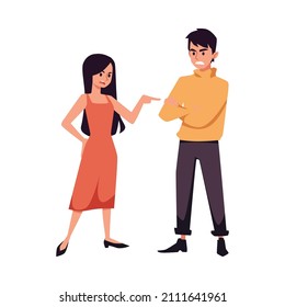 People shout, have conflicted, nervous conversation, swear. Annoyed partners, guy and girl in quarrel, bad toxic relationship in couple. Flat vector illustration isolated on white background