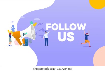 people shout on megaphone with Follow Us word concept vector illustration with character hand shake, landing page, template, ui, web, mobile app, poster, banner, flyer