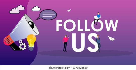 people shout on megaphone with Follow Us word concept vector illustration with character hand shake, landing page, template, ui, web, mobile app, poster, banner, flyer 