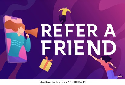 people shout on megaphone with Refer a friend word concept vector illustration with character hand shake, landing page, template, ui, web, mobile app, poster, banner, flyer