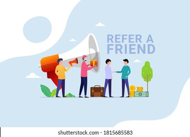 People shout on megaphone with Refer a friend and get rewarded design concept vector illustration with character hand shake