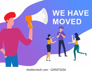 people shout on megaphone with we have moved word, change address vector illustration concept, can use for, landing page, template, ui, web, mobile app, poster, banner, flyer - Vector
