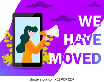 people shout on megaphone with we have moved word, change address vector illustration concept, can use for, landing page, template, ui, web, mobile app, poster, banner, flyer - Vector