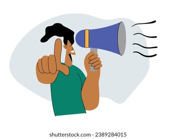 people shouted into loudspeakers while pointing and smiling