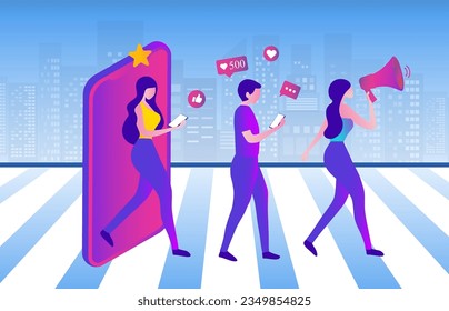 People shouting in loud speaker with social media icons. Influencer social media marketing, blogger, vlogging, social influencer and influencer marketing concept vector illustration