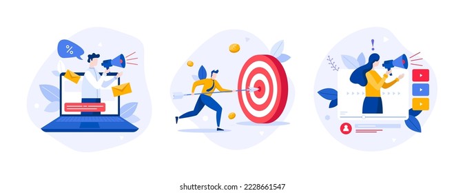 People shouting in megaphone on laptop screen or video app window, man piercing target with spear. Concept of online promotional campaign, reaching target audience. Set of flat vector illustrations.