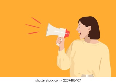 People shouting in Megaphone. Young brunette in yellow casual sweater isolated on orange background. Vector illustration concept for template, design, web, mobile app, poster, banner, flyer.