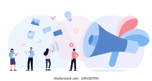 people shouting on megaphone vector concept can be used for web mobile app, banner, flyer. business promotion, advertising, call through the horn, online alerting. Loudspeaker talking, social media