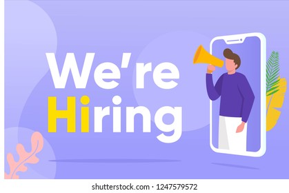 people shouting on megaphone with we are hiring word vector illustration concept, can use for, landing page, template, ui, web, mobile app, poster, banner, flyer, background