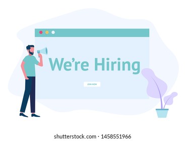 people shouting on megaphone with we are hiring word vector illustration concept, can use for, landing page, template, ui, web, mobile app, poster, banner, flyer, background