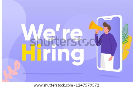 people shouting on megaphone with we are hiring word vector illustration concept, can use for, landing page, template, ui, web, mobile app, poster, banner, flyer, background