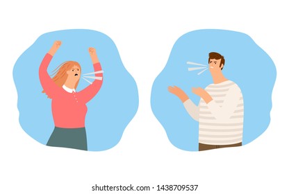 People shouting, quarrel vector illustration. Screaming boy and girl, angry people. Angry girl and boy, man quarrel with woman