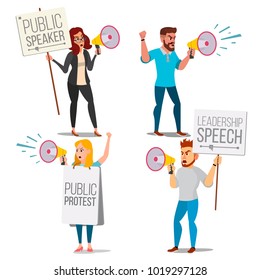 People Shouting Through Loud Speaker Vector. Leadership Speech. People On Strike. Demonstration Concept. Isolated Flat Cartoon Illustration
