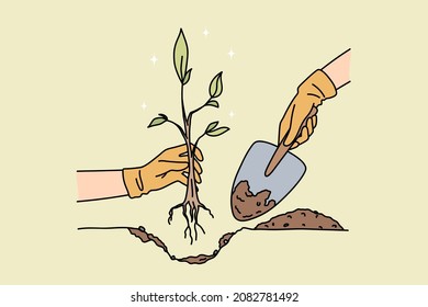 People with shovel plant small tree with roots in ground. Gardener with seedling in hands take care of environment. Gardening and agriculture concept. Environmental change. Vector illustration. 