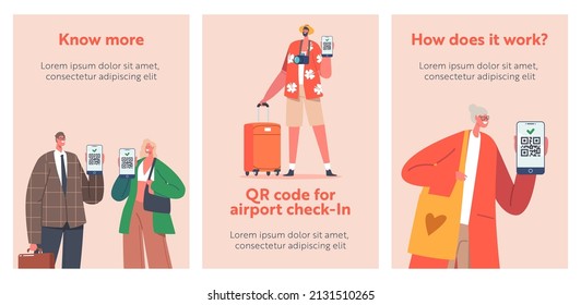 Personas que muestran certificados con código Qr en banners de pantalla de dispositivo. Hombres y mujeres vacunados mediante pasaportes de vacunación de salud digital. Inmunización de caracteres jóvenes y adultos mayores. Cartel del vector de dibujos animados