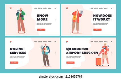 People Show Certificates with Qr Code on Device Screen Landing Page Template Set. Vaccinated Men and Women Using Digital Health Passports of Vaccination or Immunization. Cartoon Vector Illustration