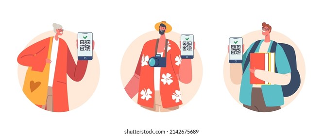 People Show Certificates with Qr Code on Device Screen. Young and Elderly Characters Immunization. Vaccinated Men and Women Using Digital Health Passports of Vaccination. Cartoon Vector Illustration
