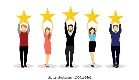 People show customer feedback, keep big stars above their heads. Rating, five stars.