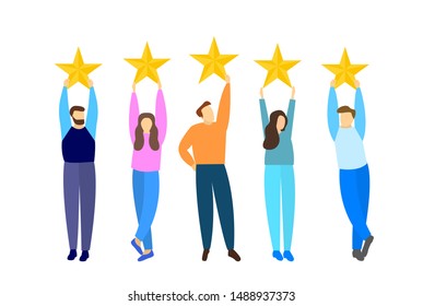 People show customer feedback. Rating, five stars. Flat style.