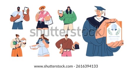 People show documents, papers set. Characters pass passport control, hold ID card, visa, certificate, qrcode for travel. Student with diploma of education. Flat isolated vector illustration on white