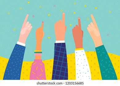 People show forefinger up. Hands with pointing finger. Flat design, business vector illustration.