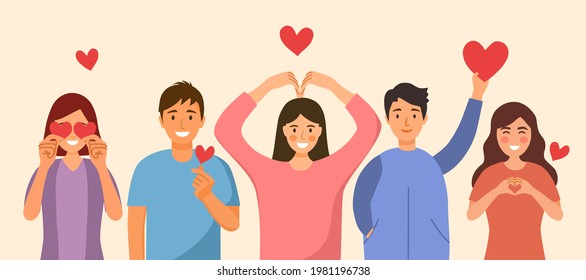 People show message of love via hand gesturing in flat design. Man and woman with red heart shape vector illustration.