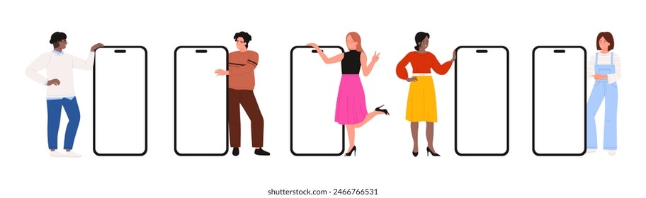 People show mobile phone screen mockups set. Tiny female and male users characters holding big smartphone, happy young man and woman showing devices with blank displays cartoon vector illustration