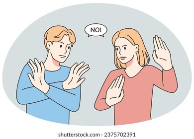 People show No gesture protest about something. Man and woman demonstrate Stop hand gesture reject offer or suggestion. Vector illustration.