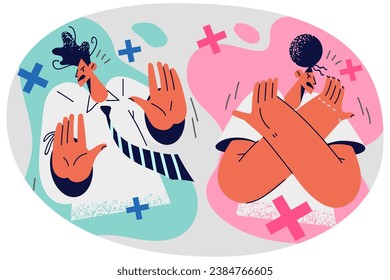 People show no gesture sign reject offer or suggestion. Man and woman use body language to demonstrate rejection or dismissal. Vector illustration.