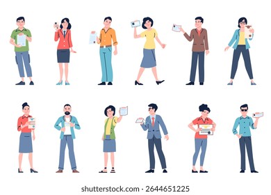 People show paper documents. Adults hold passport, identity card, educational or courses certificate. Different personal id, recent vector characters