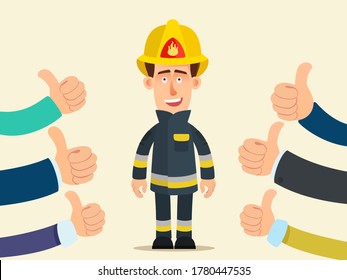 People show a respectful gesture to the fireman - thumbs up. Respect and honor for firefighters, many thumbs up. Vector illustration, flat design, cartoon style, isolated.