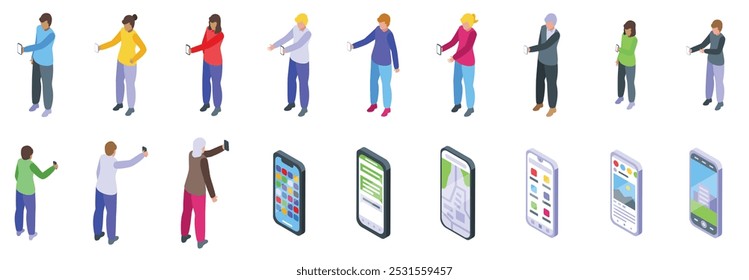 People show smartphone screen icons set. This illustration features people holding their smartphones to take pictures, showcasing the ubiquity of mobile photography in our daily lives
