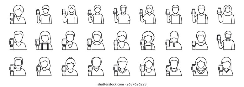 People show smartphone screen icons set. Diverse group of people holding smartphones, line icons set representing mobile phone users showing their devices