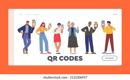 People Show th Qr Code on Device Landing Page Template. Vaccinated Men and Women Using Digital Health Passports of Vaccination. Young and Elderly Characters Immunization. Cartoon Vector Illustration