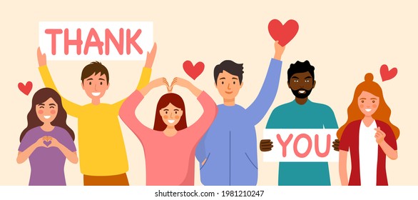 People show thank you and love message via hand gesturing and text sign in flat design. 