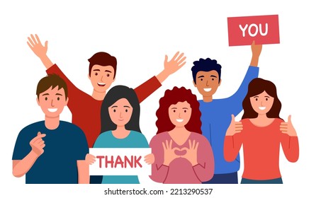 People show thank you and love message via hand gesturing and text sign in flat design.