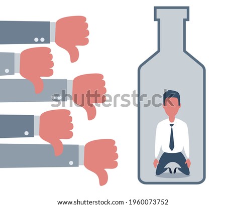 People show Thumbs down dislike or hate for depressed and sad man in a big bottle of alcohol drink. Alcoholic addicted to Flat style concept vector illustration isolated on white vector