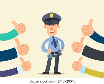 La gente muestra gestos de aprobación para el policía. Respeto por el trabajo de un oficial de policía. Feliz guardia de seguridad sonriente. Ilustración vectorial de dibujos animados, diseño plano, fondo aislado.